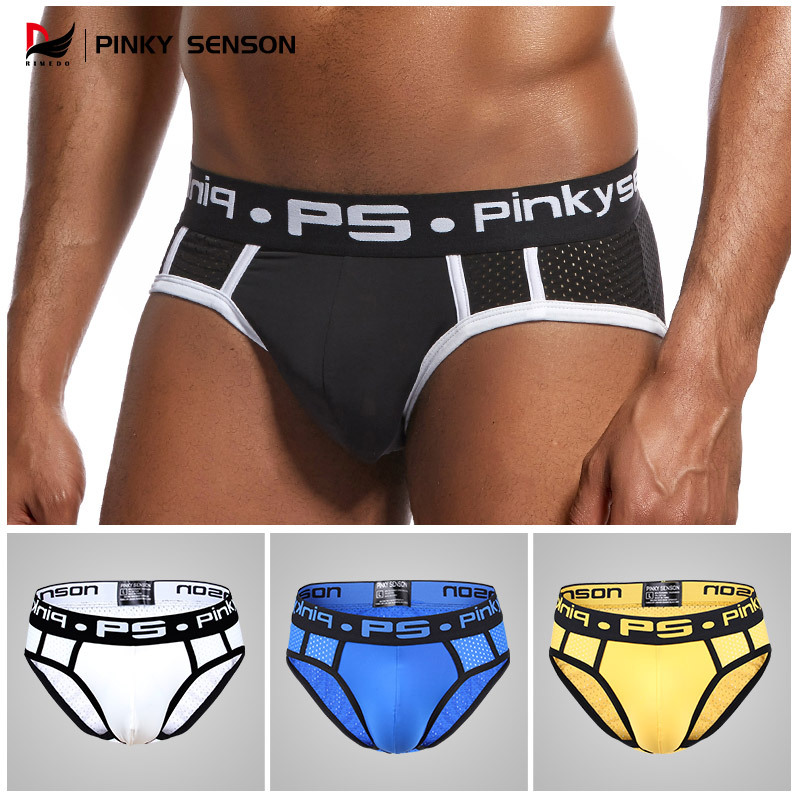 PINKY SENSON men's briefs nylon mesh low waist sexy comfortable solid color breathable simple briefs