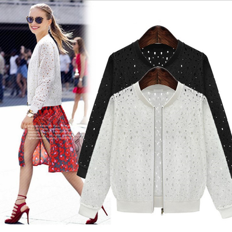 Wholesale 2023 summer new women's short zipper baseball jacket Korean thin long sleeve lace sun protection clothing