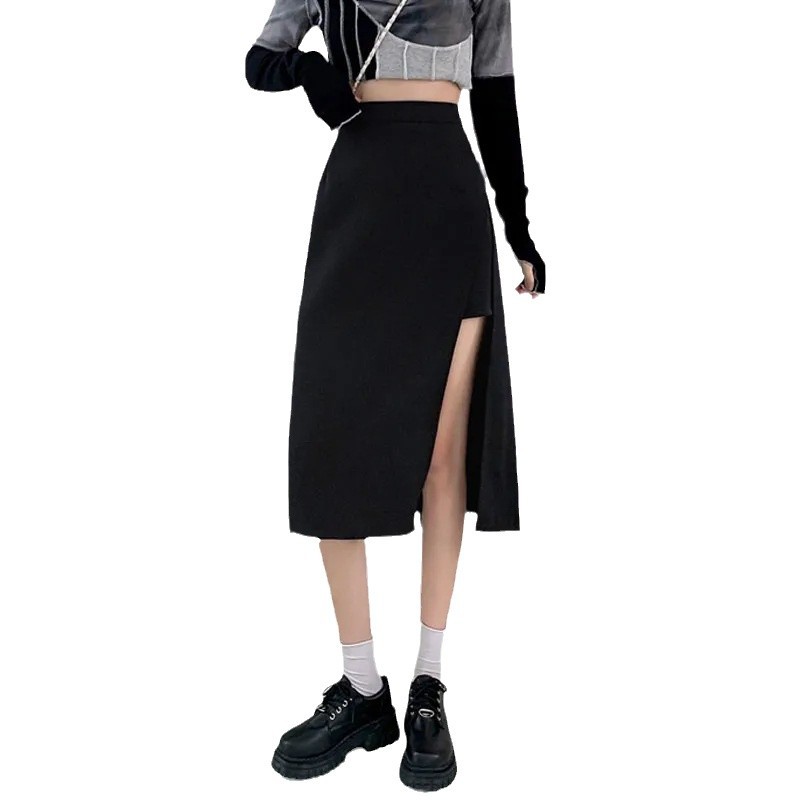 Picture of 2022 Autumn plus size chubby girl Long Black Skirt Women's High Waist Slimming Split Hip Covering A- shaped Hip Skirt