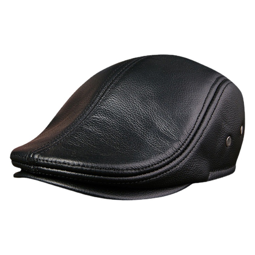 Middle-Aged and Elderly Autumn and Winter Genuine Leather Duckbill Hat Men's Fashionable Warm Forward Cowhide Hat Thickeneded Beret Wholesale