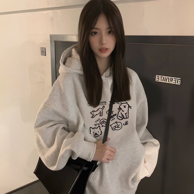 Picture of White Flower Grey Hooded Sweatshirt Women's 2024 New Spring and Autumn Thin Simple Style Early Autumn Long Sleeve Coat Design Sense Top