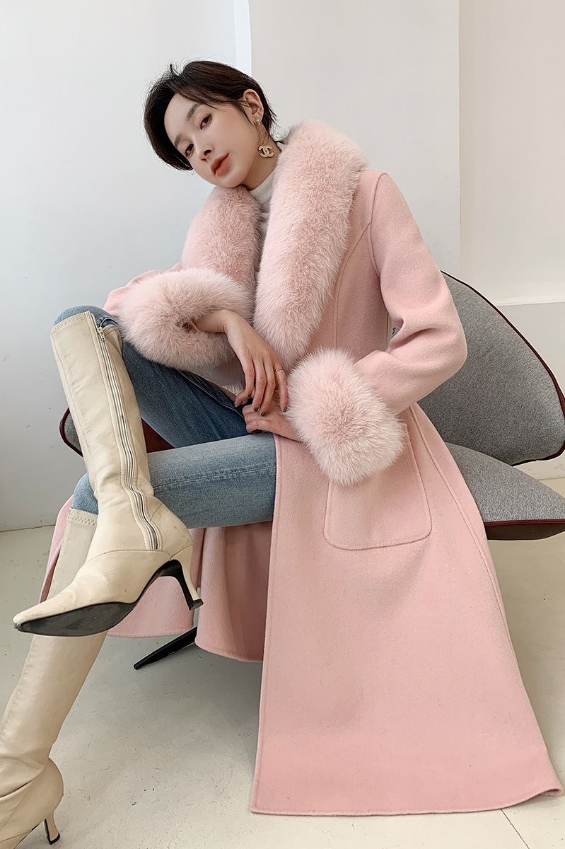 Picture of Australian wool double-sided cashmere three-dimensional skirt fox fur collar mid-length slim-fit princess pink woolen coat all-match
