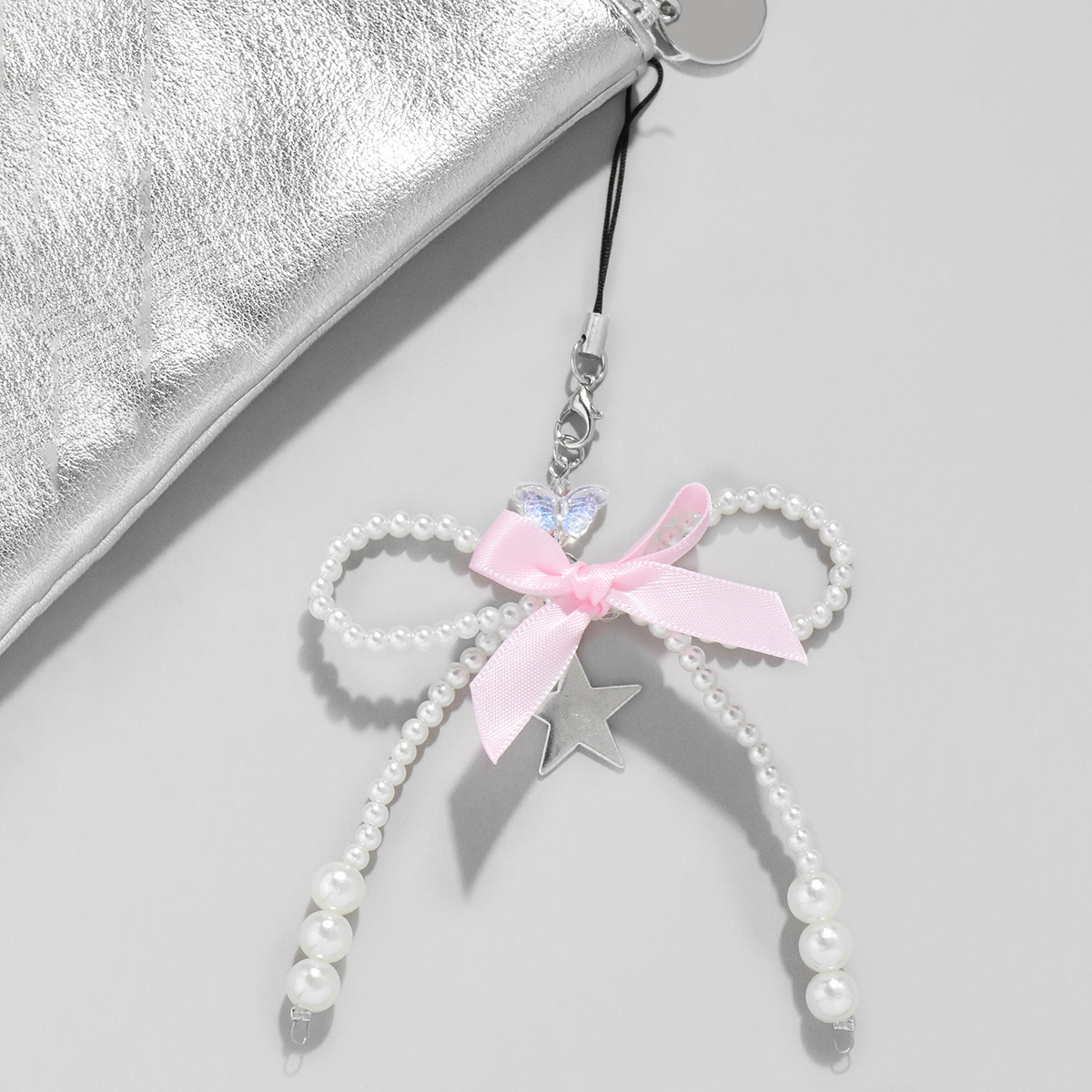 Cross-border Hot Korean Style Sweet Imitation Pearl Pink Ribbon Bow Star Pendant Mobile Phone Hanging Bag Pendant