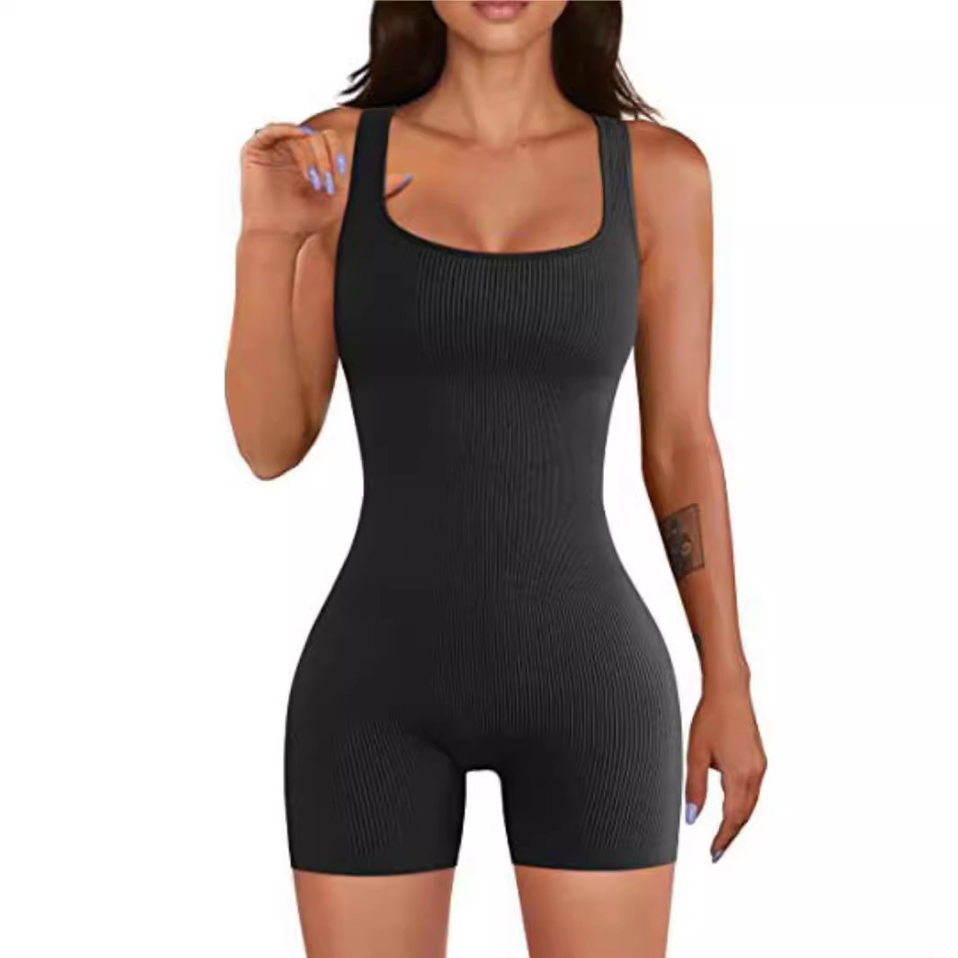 2024 European and American women's sleeveless Amazon jumpsuit cross-border women's short sleeve solid color tight sports yoga pants
