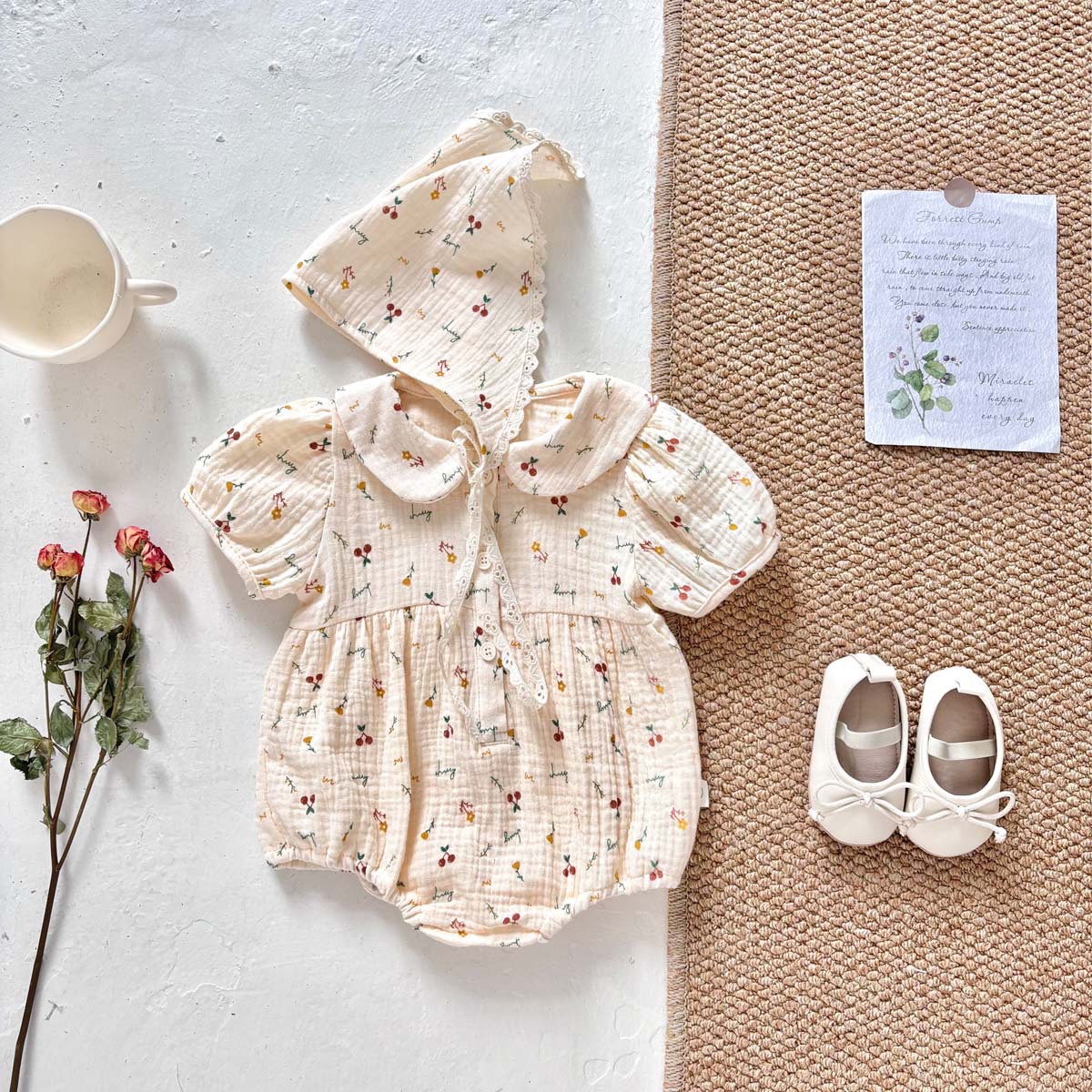 INS Children's Summer Korean-style Zou Cloth Pure Cotton Doll Collar Bag Fart Clothes Baby Girl's Cherry Print Princess Climbing Clothes