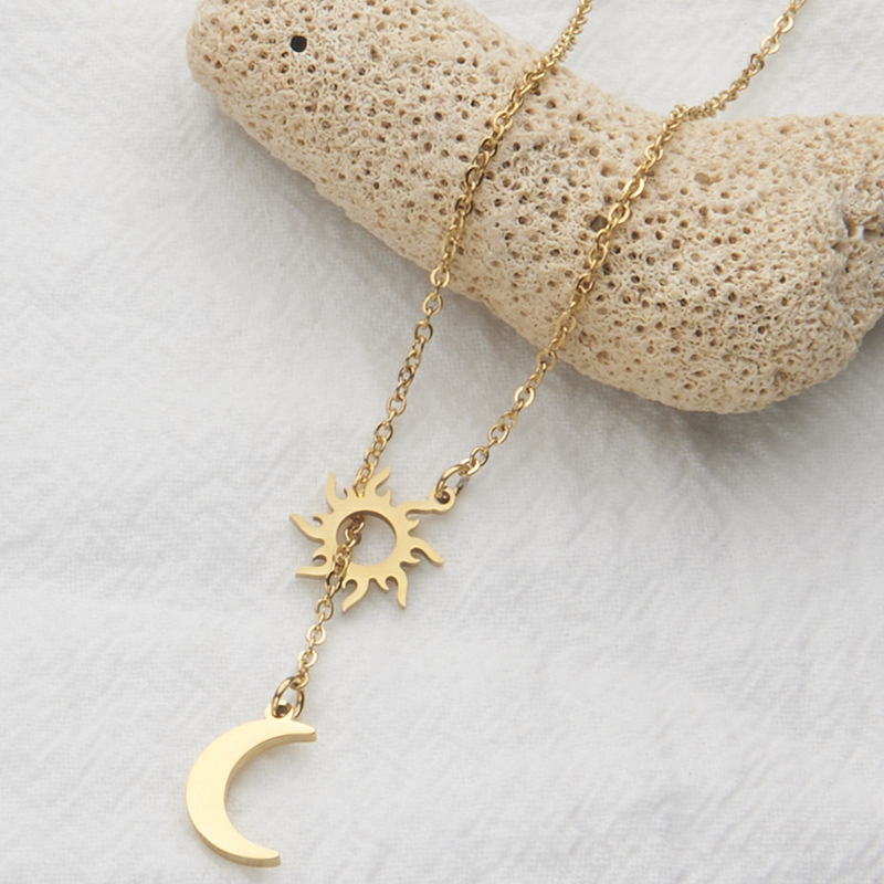 Picture of Charming Color Jewelry Amazon Hot Selling Women's Stainless Steel Simple Clavicle Chain Sun Moon Long Necklace
