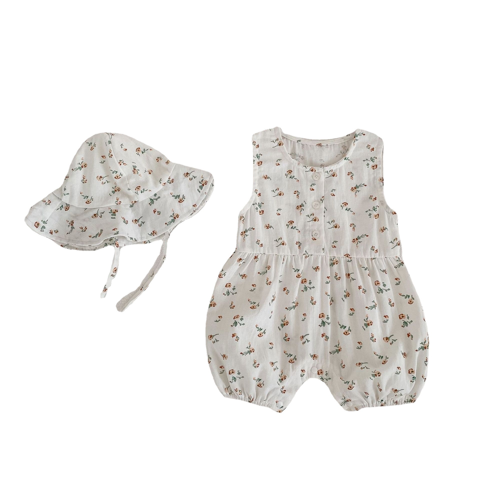 Picture of Ins Summer Baby Girl Fashionable Plaid Floral Sleeveless Harem Bag Fart Clothing Round Neck Baby Jumpsuit Crawling Clothing
