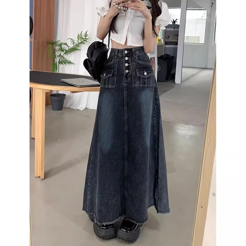 Vintage Denim Skirt Women's Spring and Summer 2024 New High Waist Loose Slimming Mid-length A- line Hip Skirt