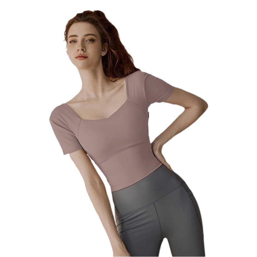Yoga Suit with Chest Mat Women's High-end Summer Sports T-shirt Short-sleeved Professional Running Pilates Training Fitness Top