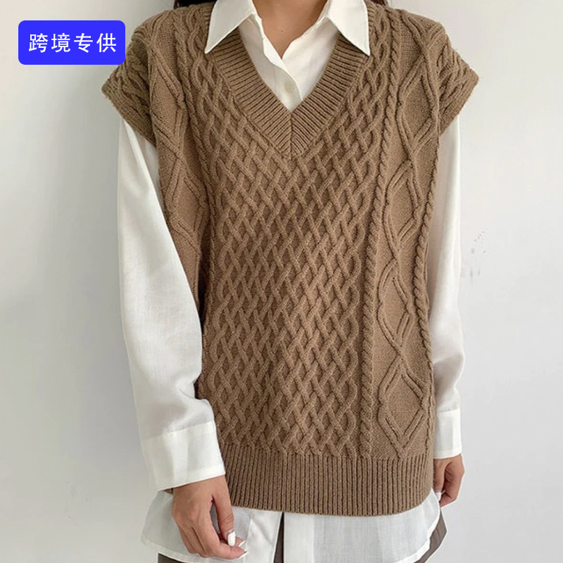 Picture of Ready-Made Sweater Customized Cross-Border Foreign Trade European and American Amazon Solid Color Cable Loose Casual Cable Knitted Vest for Women