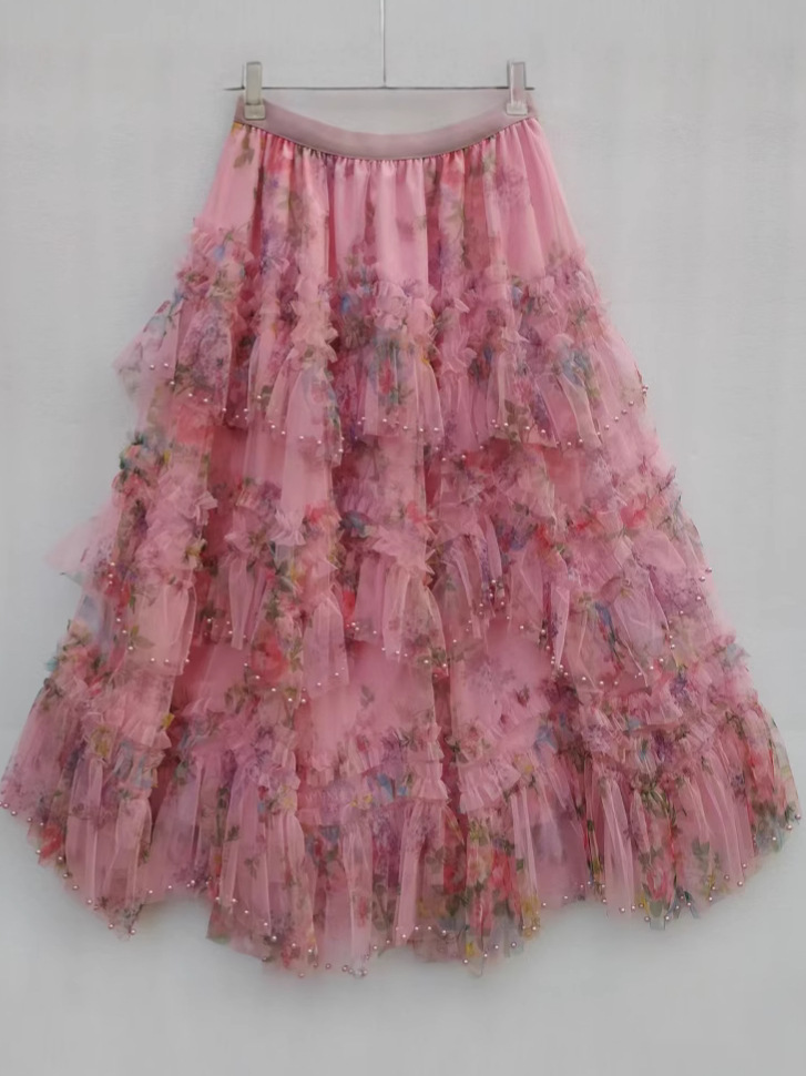 Beautiful Pink Beaded Mesh Fairy Skirt Skirt for Women Summer 2025 New Printed Gauze Skirt Fluffy Long Skirt 8077