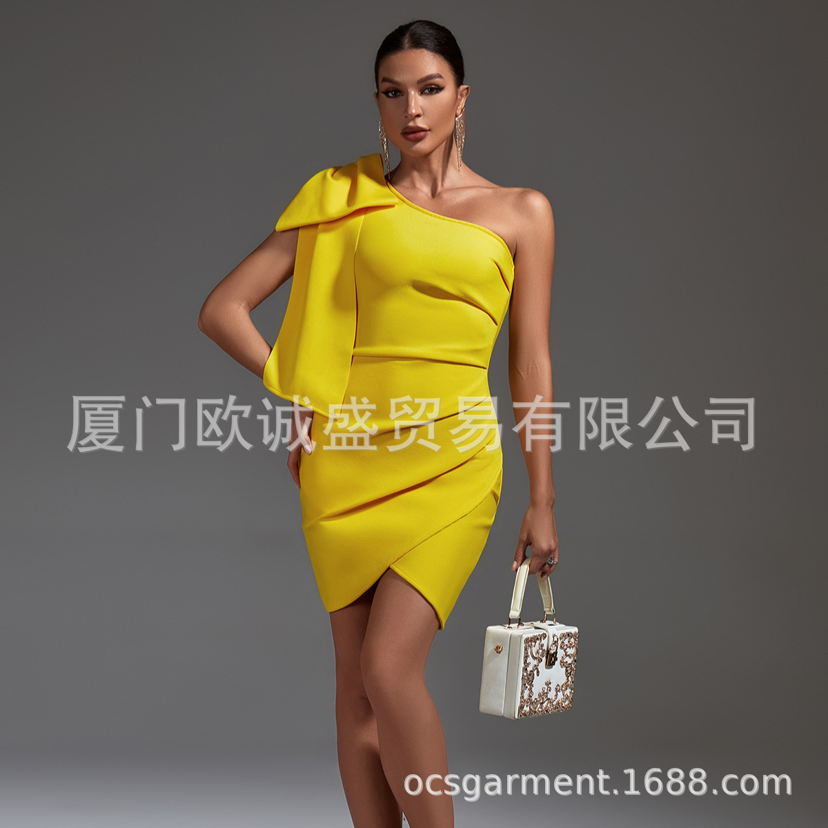 Bandage dress European and American cross-border bandage shoulder bow sleeveless fold irregular short dress