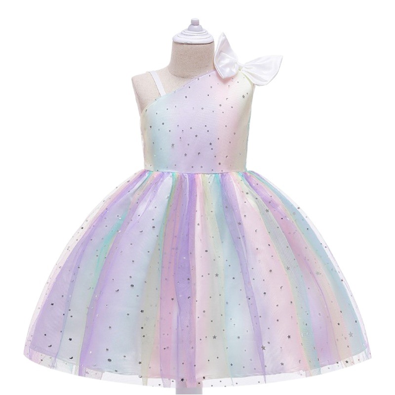 Cross-border New Mesh Sequin Girls' Dress High-end Bow Sling Princess Dress Children's Day Performance Dress