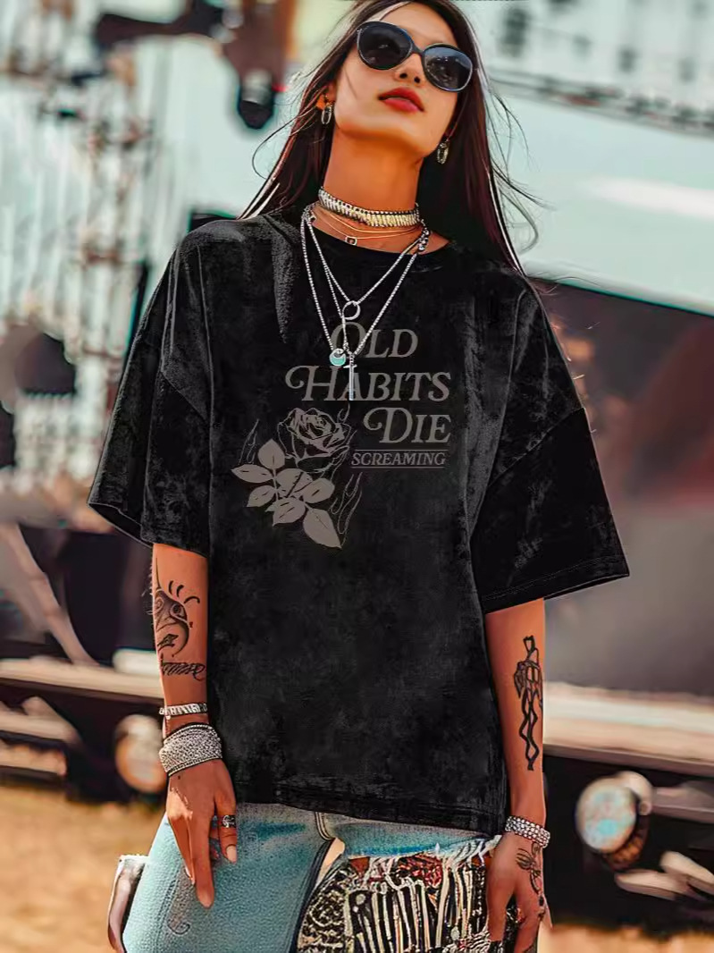 Women's Vintage Letter Flower Casual Antique Washed T-Shirt