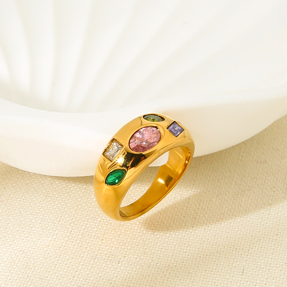 European and American Personalized Fashionable Colorfulful Geometric Zircon Rings Plated with 18K Gold Stainless Steel Non-Fading Jewelry Cross-Border Wholesale