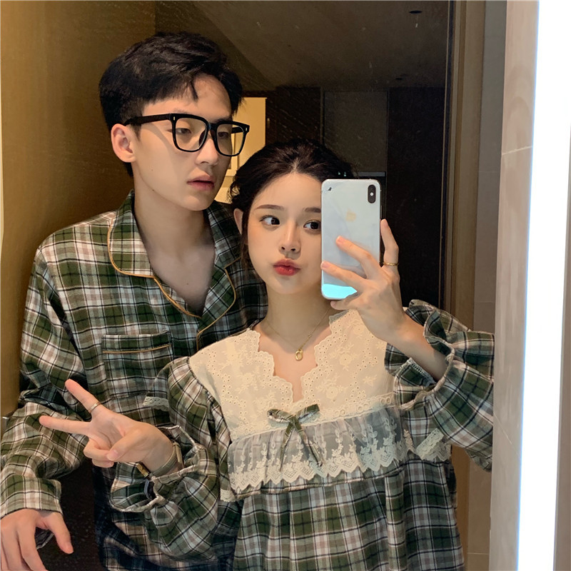 Cotton Brushed Korean Style Autumn and Winter New Couple Pajamas for Men and Women Set Thickeneded Embroidered Lace Plaid Outer Wear Home Clothes