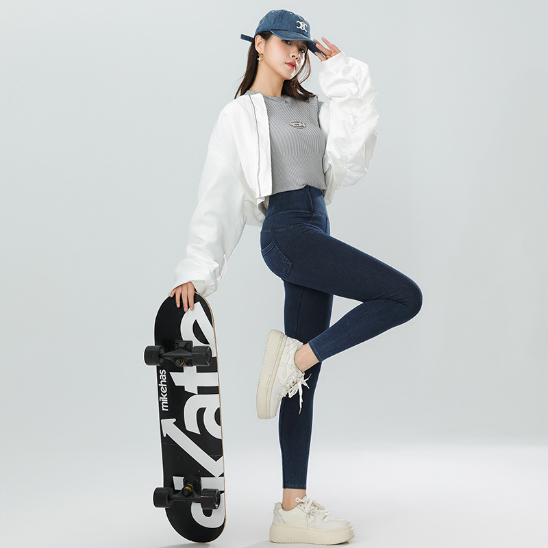 Picture of Denim Yoga Pants for Women in Autumn and Winter New High-Waisted Slim Black Pants for Outer Wear Tight Elastic Belly-Control Leggings