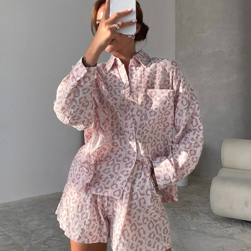European and American 2024 spring new pure cotton leopard print design ruffled long sleeve shorts two-piece women's home wear