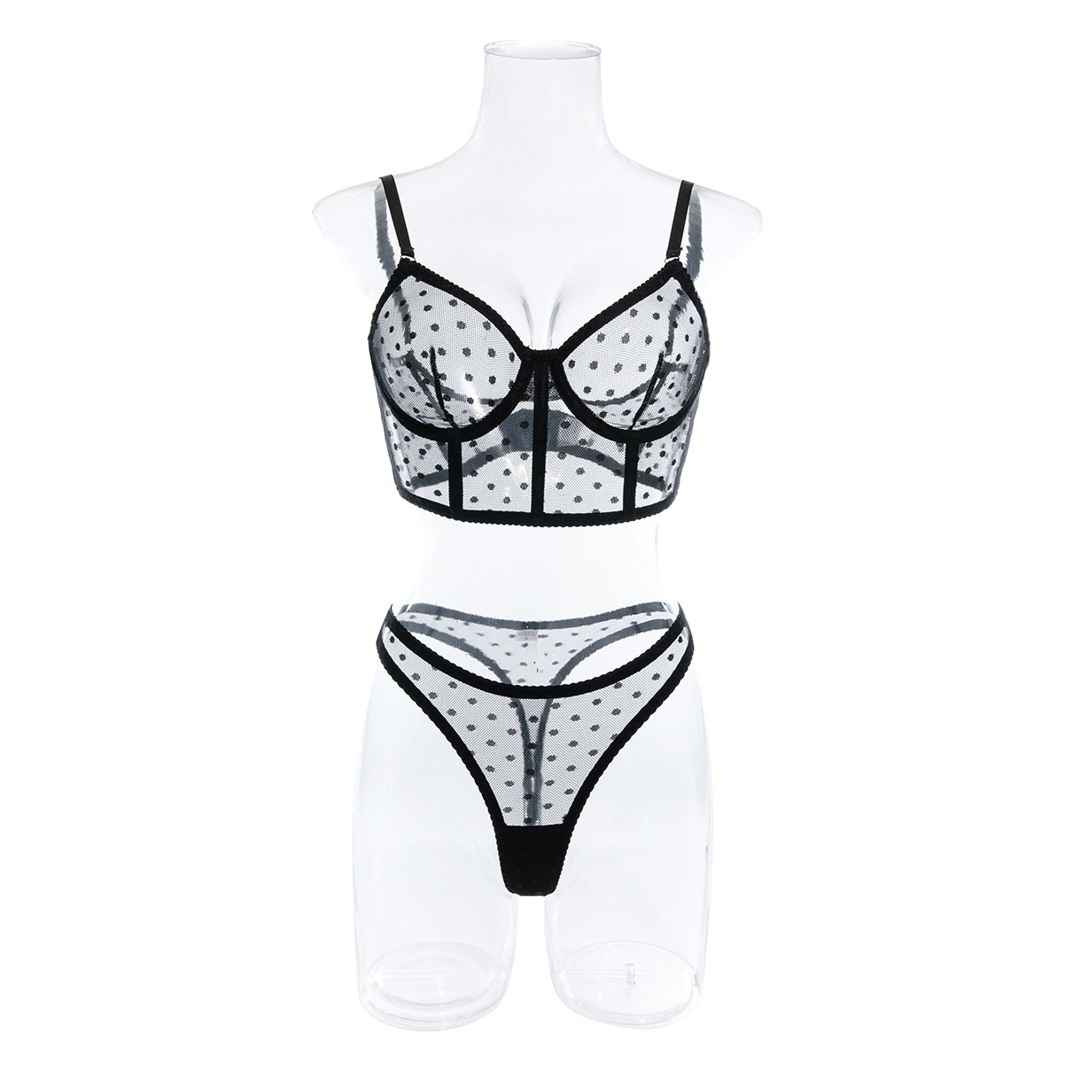 Polka dot mesh ultra-thin perspective Fishbone bra sexy bra underwear thong suit cross-border AliExpress supply
