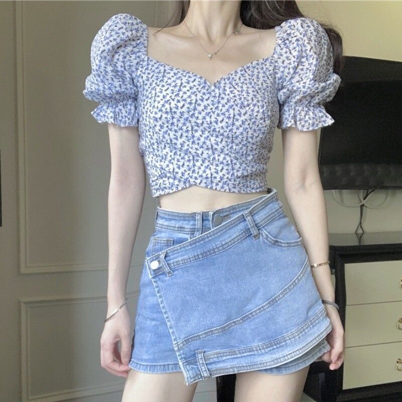 Floral Short-Sleeved Shirt Women's Thin Design Niche 2025 New Square Collar Puff Sleeve High Waist Short Top Summer