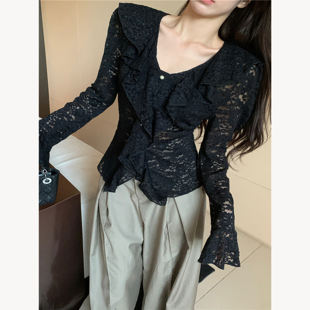 Picture of French V-neck ruffled hollow lace shirt women's 2024 autumn new design sweet long sleeve hot girl top