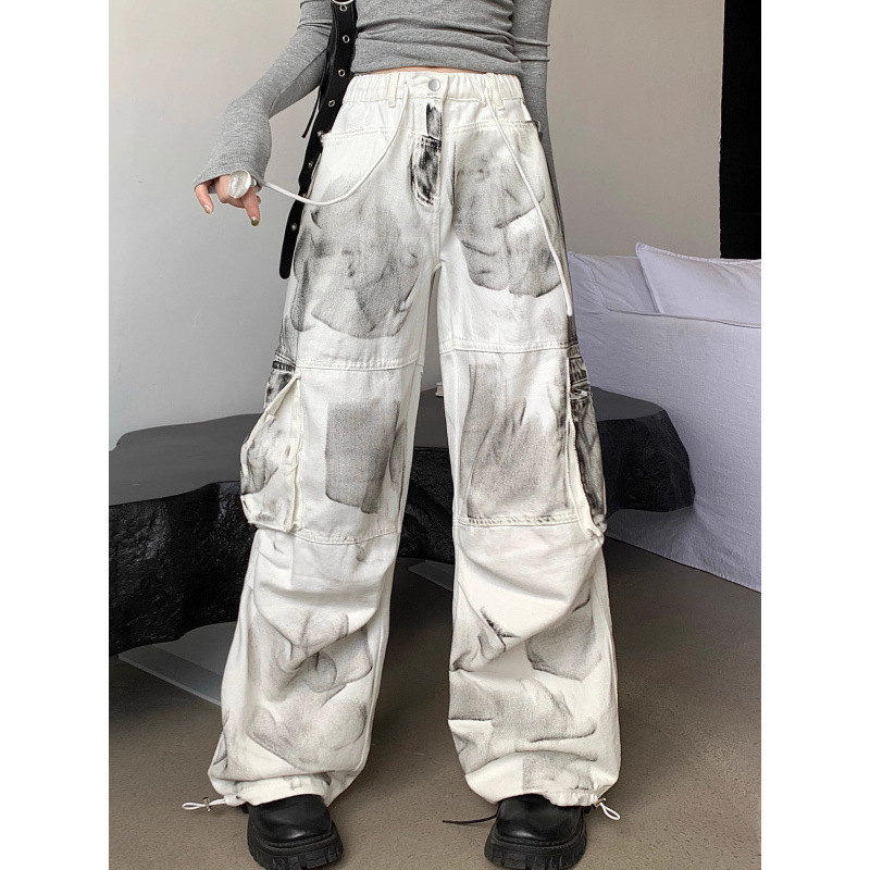 2025 New High Street Washed American Distressed Workwear Jeans Autumn Wide-Leg Loose Pants Trendy Men and Women