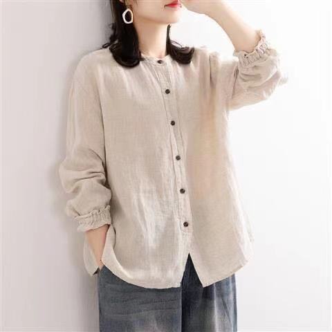 Picture of Artistic Retro 2024 Spring and Autumn Cotton and Linen Shirt Women's Loose Round Neck Shirt Jacket Casual Jacket Neck Sleeves