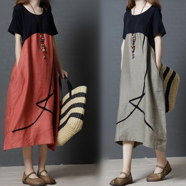 Foreign Trade Cross-border Summer New Korean Style Loose plus size Women's Fashion Cotton and Linen Color Contrast Round Neck dress Women
