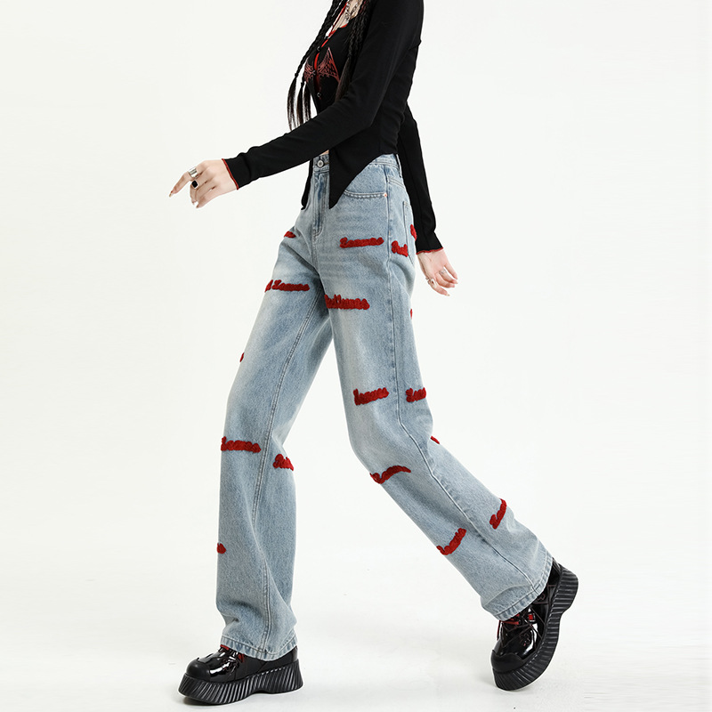 High waist jeans for women 2023 early spring new loose wide leg embroidered American high street wide leg mopping pants