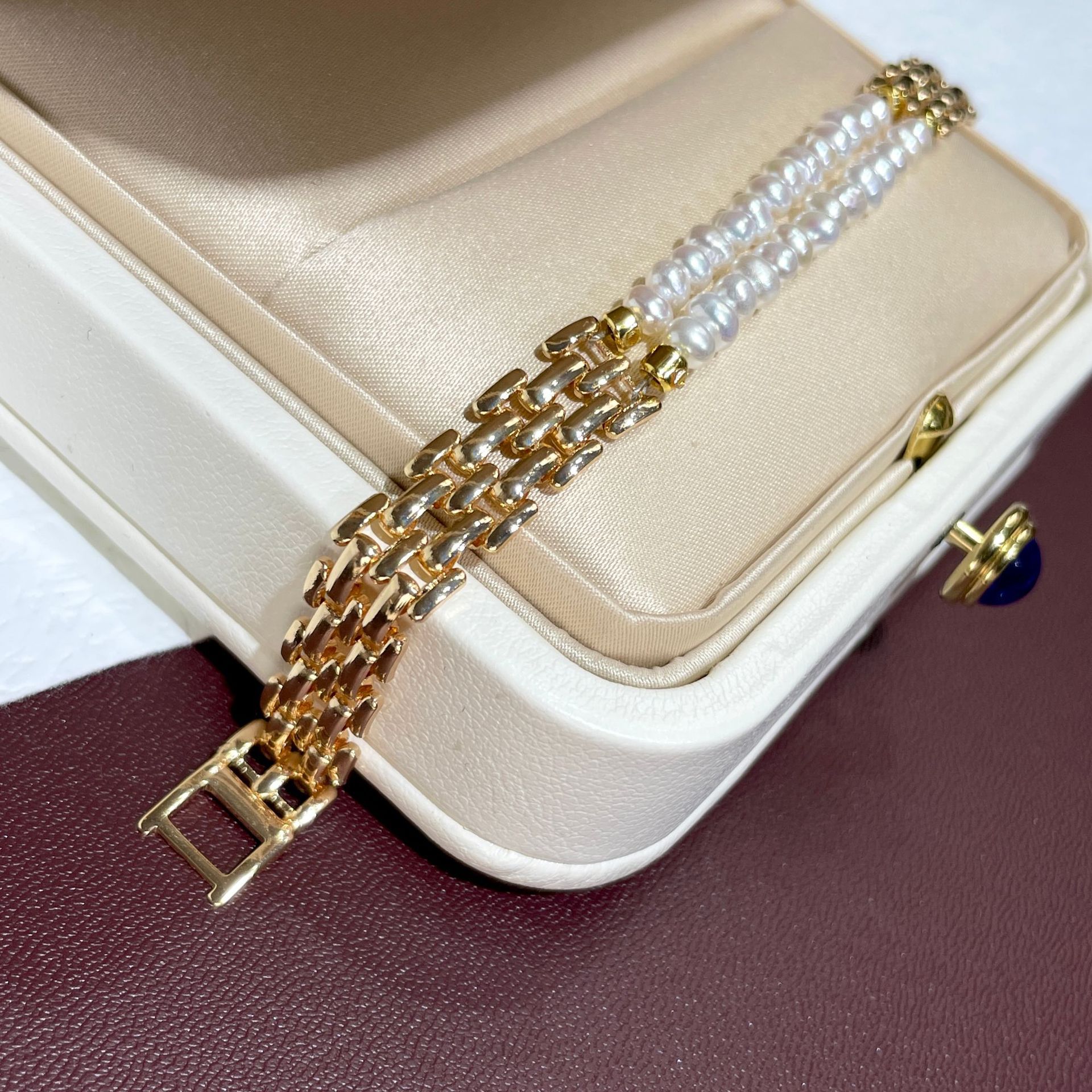 Picture of New Style Natural Small Pearl Double Layer Stacked Wearing Bracelet Women's Stitching Wide Chain Design Light Luxury Woven Watch Chain