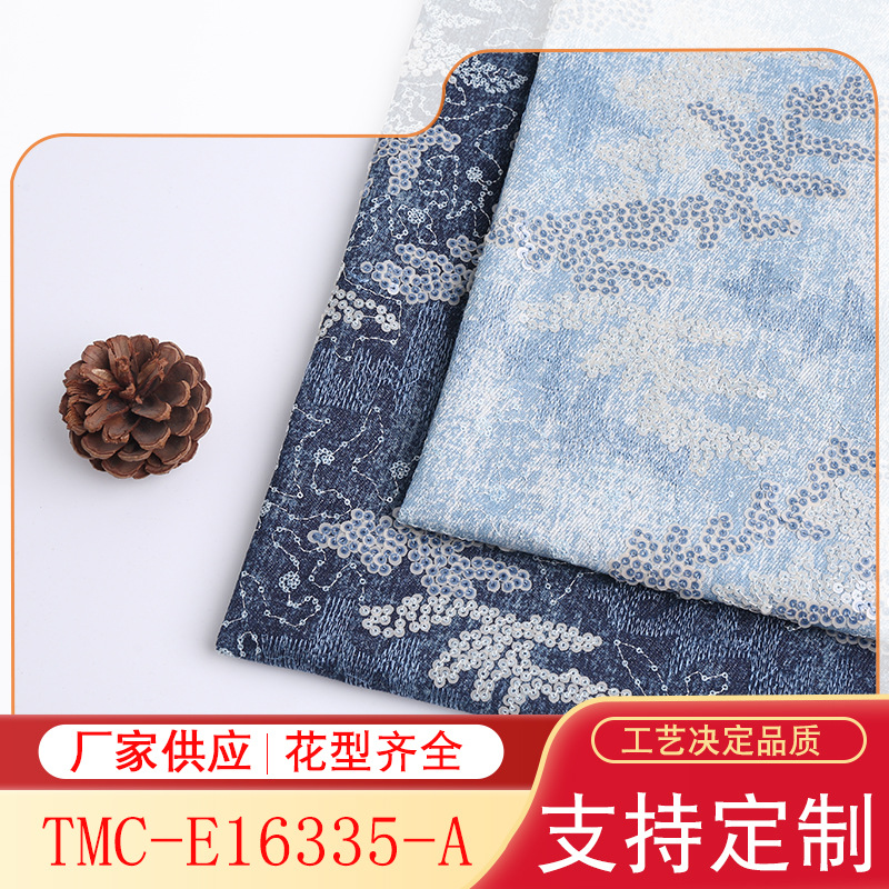 Washed Denim Sequin Embroidered Cloth Jumpsuit Skirt Shorts Fabric in stock Supply