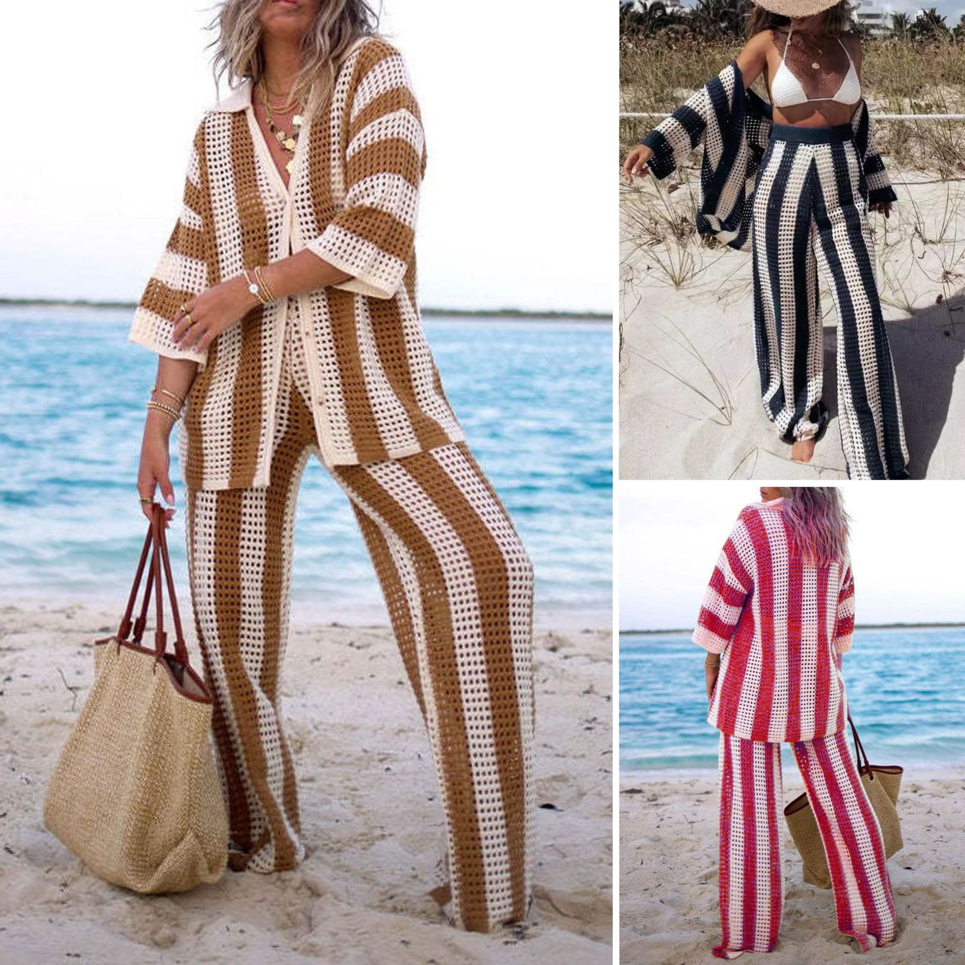 Summer European and American Clothing Amazon 2025 Fashion V Neck Contrast Stripesd Shirt Loose Wide Leg Pants Knitted Suit