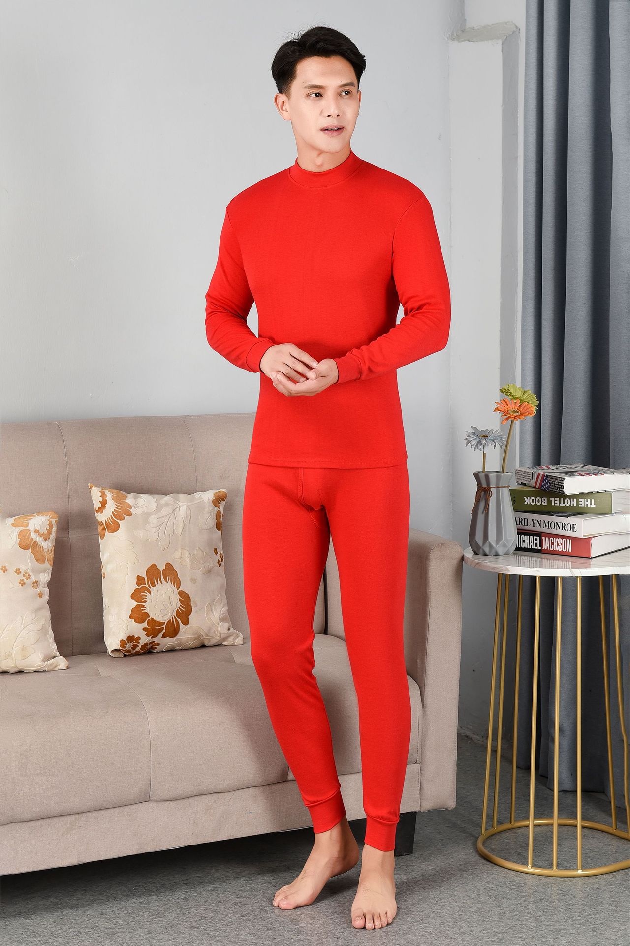 Picture of Men's Thermal Underwear suit Autumn and Winter Thin Solid Color Autumn Clothes and Pants fleece-lined Thickened Youth Base Shirt plus size