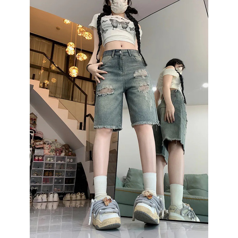 Vintage Ripped Five-point Denim Shorts Women's Summer Ins New Arrival Loose Slimming High Street Design Wide-leg Mid-length Pants