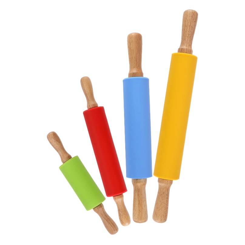 Picture of Silicone Rolling Pin Rotary Roller Rolling Pin Kitchen Wooden Handle Rolling Pin Dumpling Wafer Flour Fat Baking Utensils