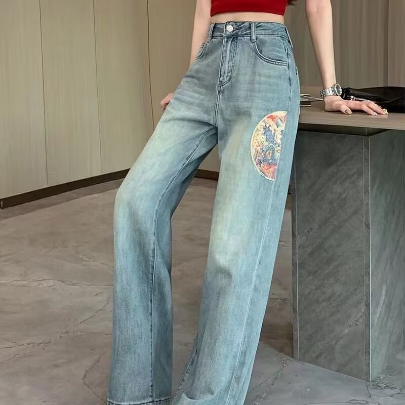 High Waist New Chinese Style National Style Embroidered Wide Leg Jeans Women's Spring and Autumn Light Color Slimming Loose plus size Straight Floor Pants