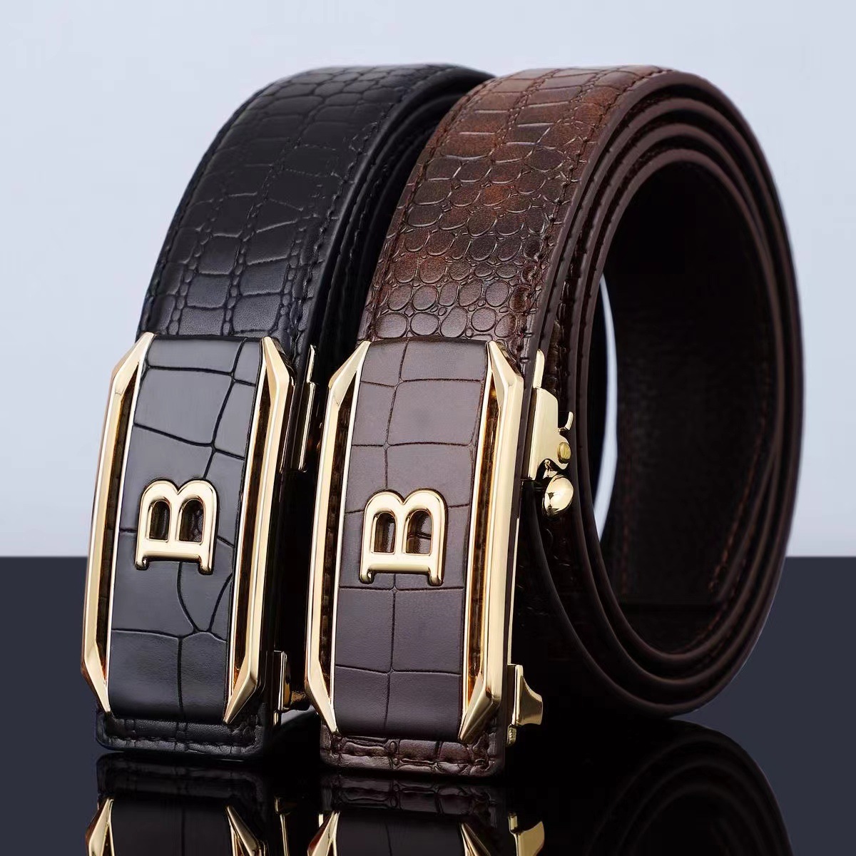 Belt Men's New Toothless Inner Wearing Automatic Buckle Crocodile Pattern Belt Men's Trouser Belt TikTok Quick Hand in stock Exclusive