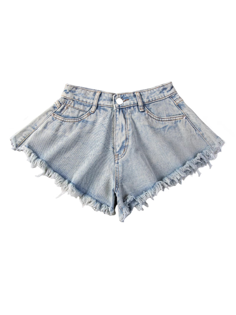 6010 # Cross-Border Amazon 2024 New European and American Denim Shorts Women's Ripped High-Waisted Loose Tassel Jeans