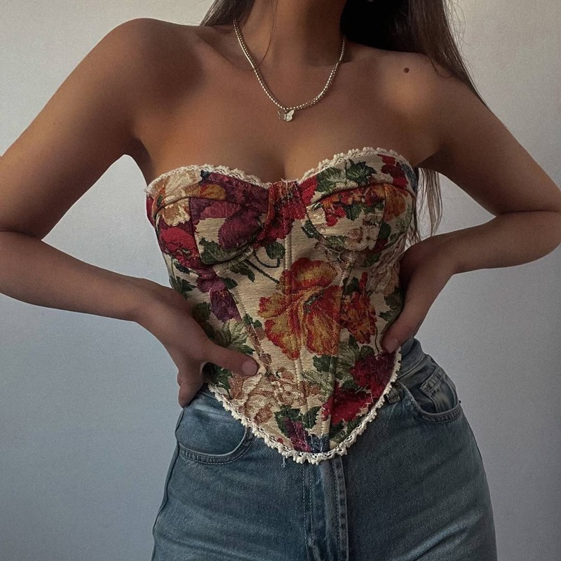Cross-border Foreign Trade Street Retro Jacquard Wrapped Chest Lace Lace French Niche Fishbone Waistband Slimming Vest