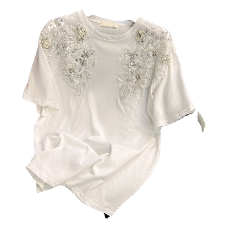 Spot 2025 Summer New Casual Beaded Chain Stereo Bow Round Neck Short-Sleeved T-Shirt Women's Tops