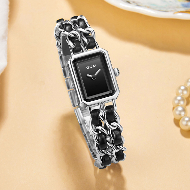 DOM Watch Women's Niche Light Luxury Middle Style Women's Watch Sugar Cube Bracelet Waterproof Quartz Watch Black