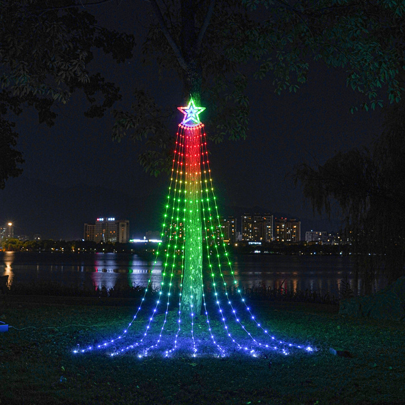 Picture of LED five-pointed star waterfall lamp Christmas hanging tree lamp water lamp outdoor decorative lamp courtyard remote control solar lamp