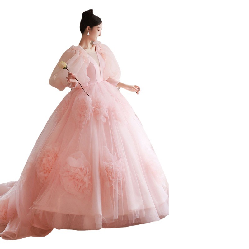Pink Evening Dress Dress Women's French Princess Floral Dress Photography Street Photography Light Wedding Dress High-end Sense Niche Light Luxury High-end
