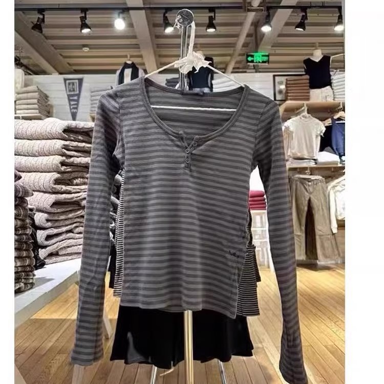 BM Style New American Style Striped Top Bm Three-button Women's Slim-fit Crewneck Clothes Women's Long-sleeved T-shirt Base Shirt