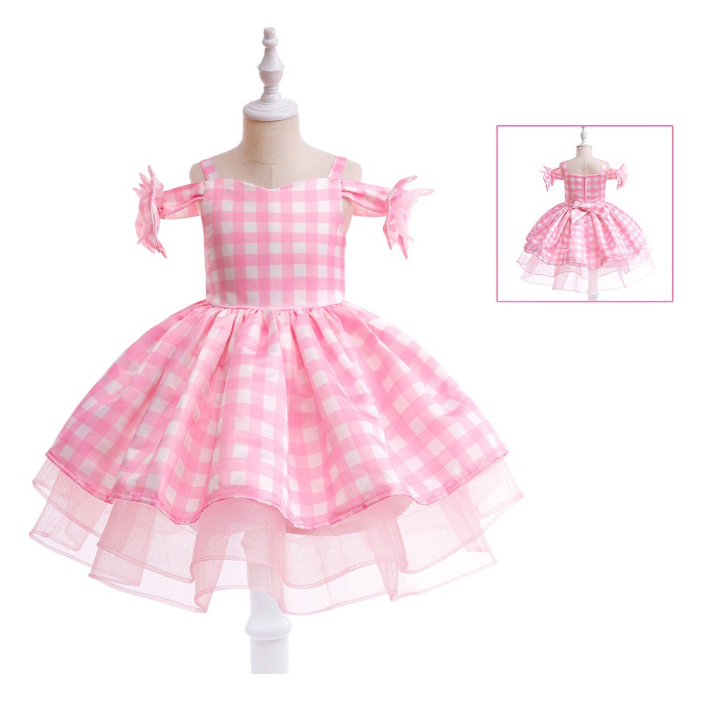 New live Barbie movie with cross-border European and American suspenders off-shoulder plaid mesh princess dress festival performance