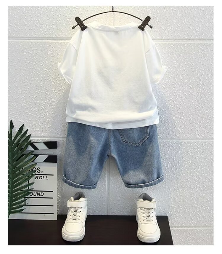 Picture of Children's Summer Men's Short-sleeved Shorts Breathable Two-piece Sports Casual Round Neck Slim-fit T-shirt suit Green