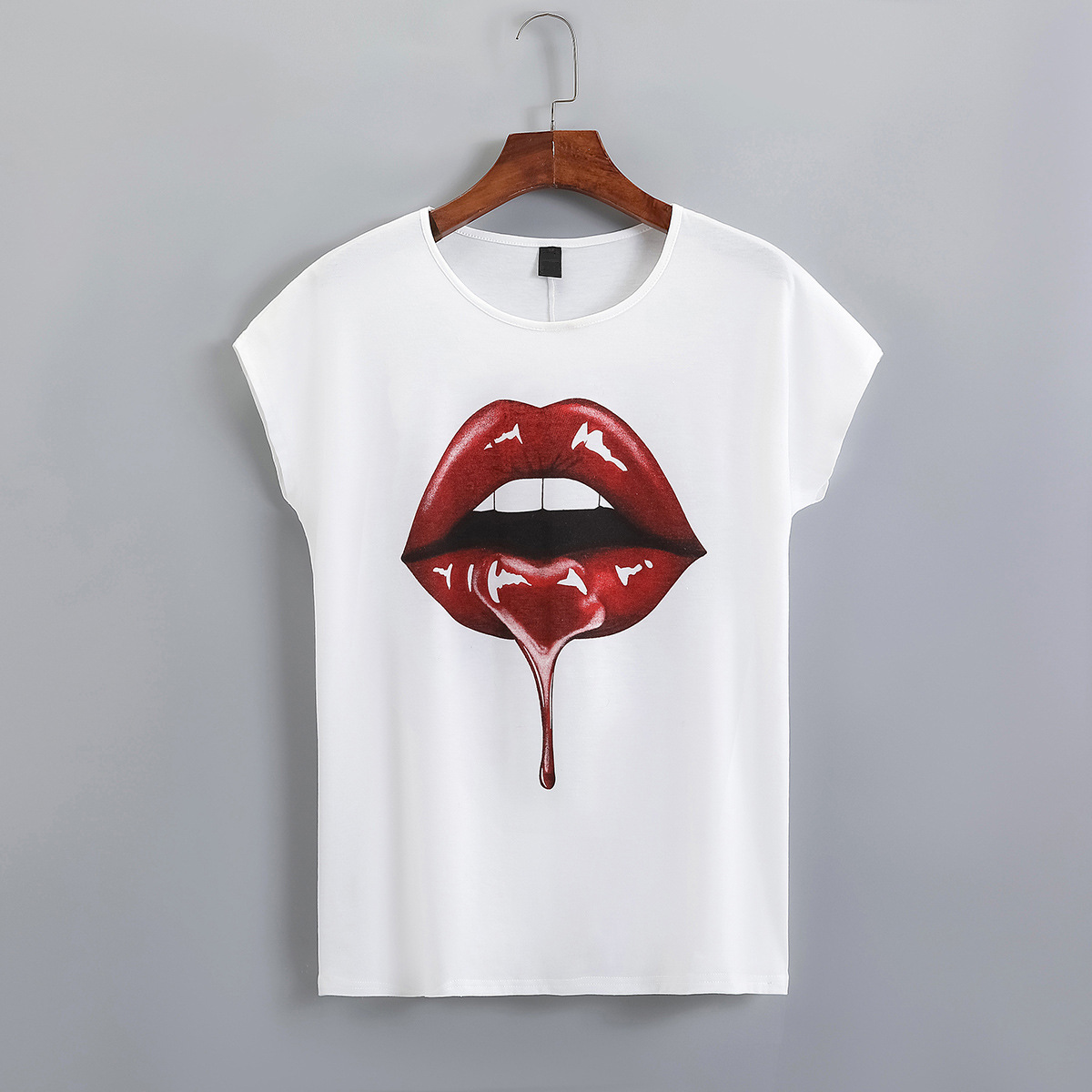 In Stock-52826 # Cross-Border Women's Clothing European and American Ins Casual Versatile Sexy Hot Lips Personalized Print T-Shirt