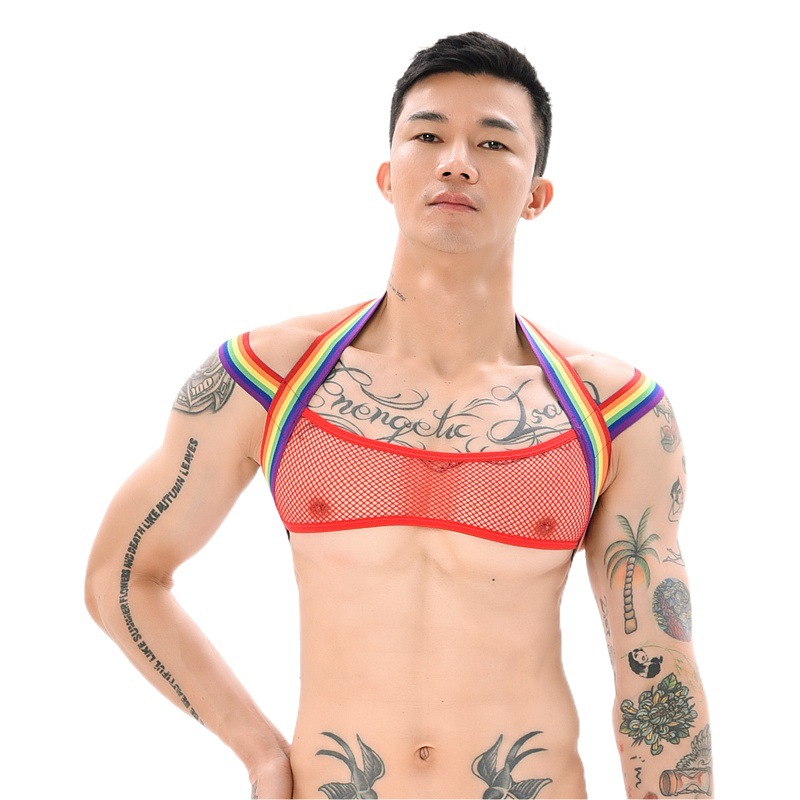 European and American Explosions Men's Sexy Mesh Iron Ring Chest Belt Tight Binding Belt Nightclub Performance Costume Rainbow Vest