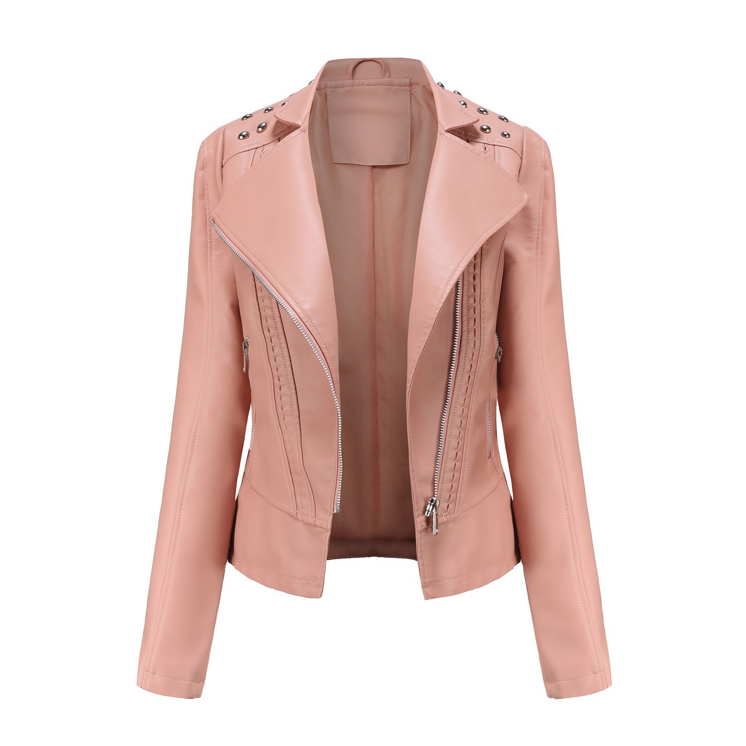Picture of Boutique leather clothing Women Beaded Leather Jacket Lapel Spring and Autumn High-grade PU Leather Jacket