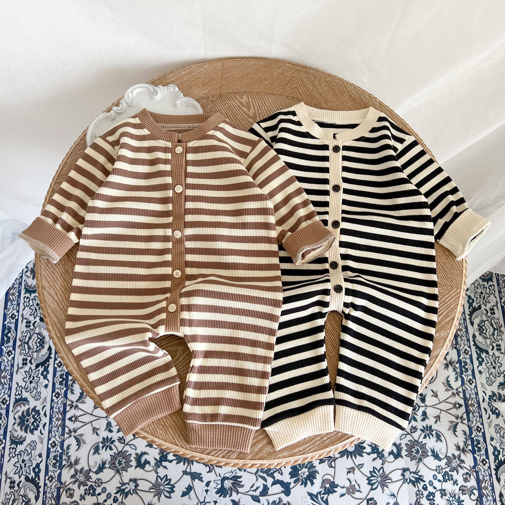Picture of ins Korean style baby jumpsuit autumn new color matching striped baby romper sheath long romper